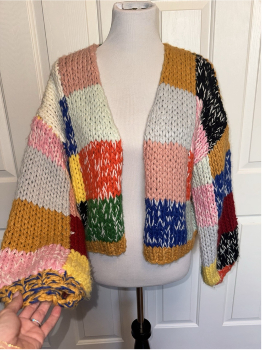 Polagram Chunky Patchwork Knit Cardigan Multicolor Artsy Maximalist Cropped S